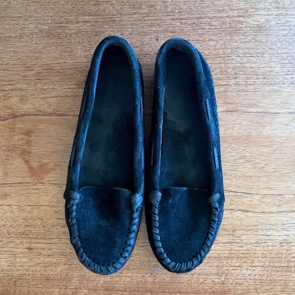 The Row Mabel black suede whipstitch moccasins 39